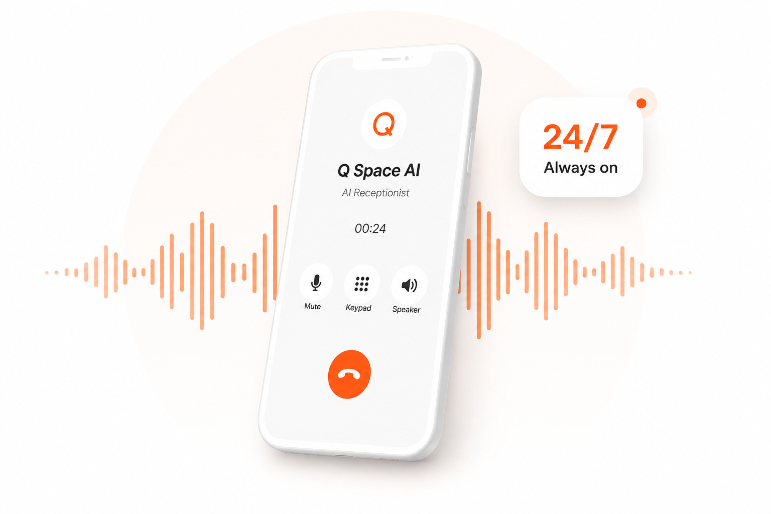 Q Space AI Receptionist answering a call, available 24/7